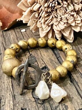 Chunky Gold Toggle Bracelet, Baroque Pearl Charms